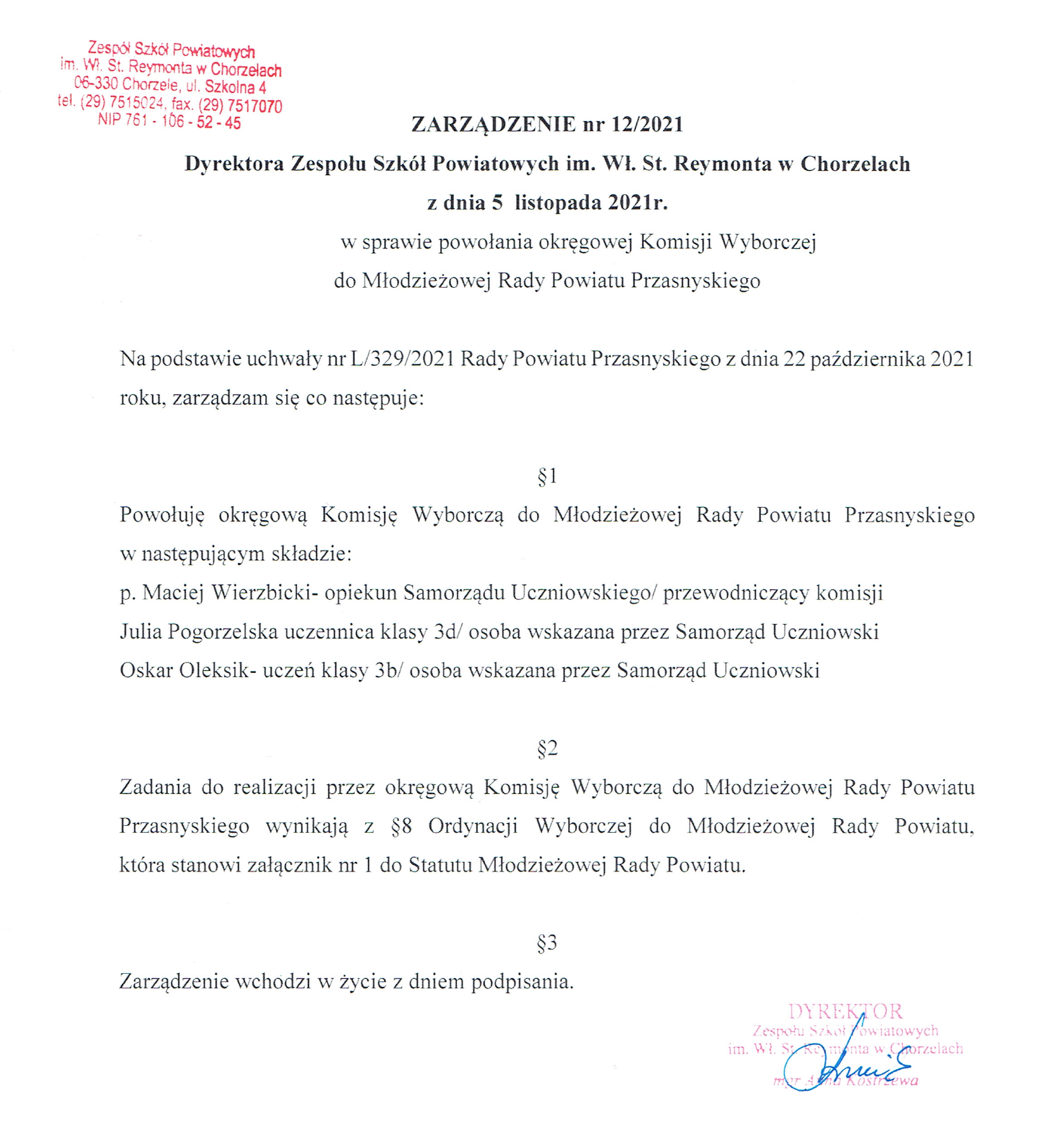 Zarządzenie nr 12/2021 Dyrektora ZSP w Chorzelach